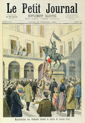 Students gather at the statue of Joan of Arc, from the front page of the illustrated supplement of 'Le Petit Journal', 19th February 1894 (lithograph)