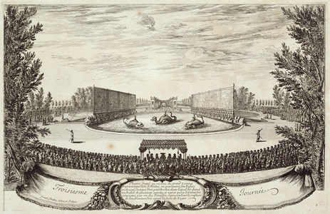Stage on the Large Pond representing the Isle of Alcine, third day of 'Les Plaisirs de l'Ile Enchantee', 9th May 1664 (engraving)
