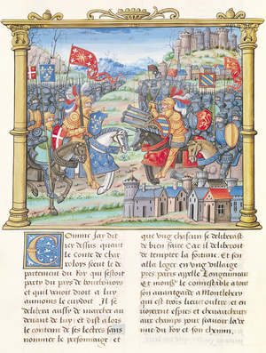 Ms.18 f.7v Battle of Montlhery during the War of the League of the Good Public, 14th July 1465, from the Memoirs of Philippe of Commines (1445-1509) (vellum)