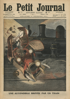 A motor car crushed by a train, illustration from 'Le Petit Journal', supplement illustre, 18th December 1910 (lithograph)