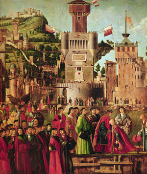 Detail of the Meeting of Etherius and Ursula and the Departure of the Pilgrims, from the St. Ursula Cycle, c.1490-96 (oil on canvas) (detail of 56472)