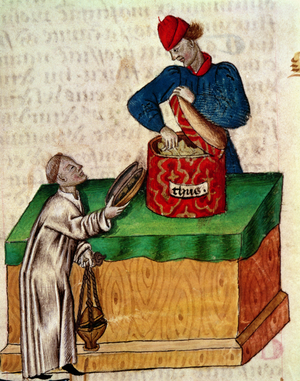 Ms Lat 993 fol.104r Incense seller, from 'Tractatus de Herbis' by Dioscorides (vellum)