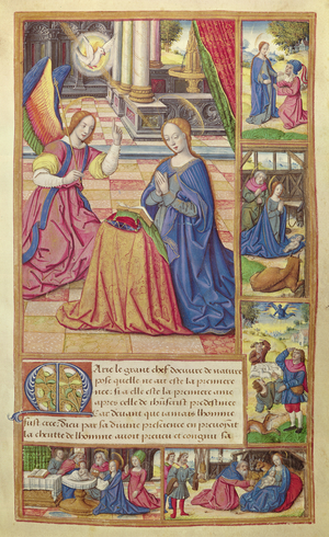 Ms 17 fol.2 The Annunciation and the Childhood of Christ, from 'Vie des Femmes Celebres', c.1505 (vellum)