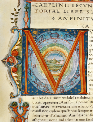 Historiated initial 'M' depicting the heavens and the signs of the Zodiac, 15th centuryfrom the 'Naturalis Historia' by Pliny the Elder (vellum)
