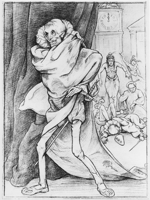 Illustration for 'The Mask of the Red Death' by Edgar Allan Poe (1809-49) 1936 (engraving) (b/w photo)