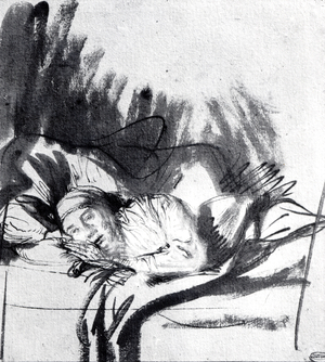Sick woman in a bed, maybe Saskia, wife of the painter, 1640 (pen, brush & gouache)
