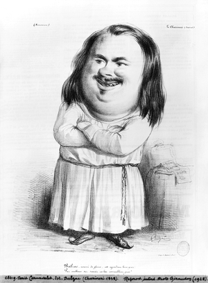 Caricature of Honore de Balzac (1799-1850) illustration from 'Le Charivari', 1838 (lithograph)