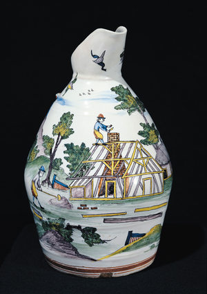 Pitcher depicting the construction of a building, Sinceny, c.1740-50 (faience)