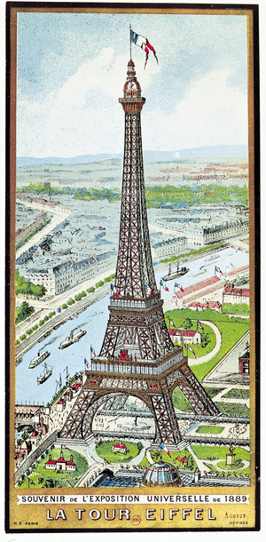 Postcard depicting the Eiffel Tower at the Exposition Universelle, 1889 (colour litho)