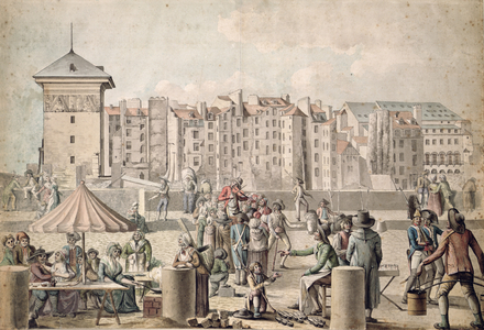 Mountebanks and Promenaders on the Pont au Change, Paris c.1790 (w/c on paper)