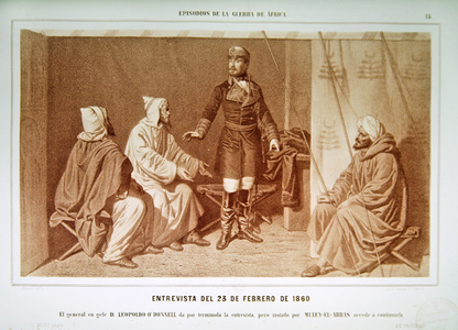 General Leopoldo O'Donnell in discussion with Muley-el-Abbas on 23 February, 1860 (lithograph)