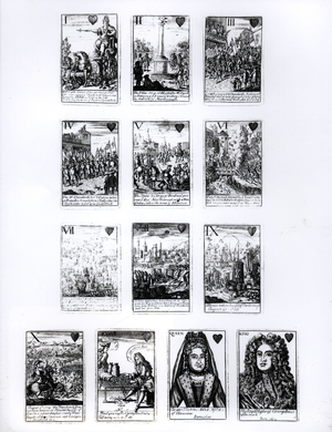 Playing cards commemorating the War of the Spanish Succession, heart suit, c.1707 (engraving)