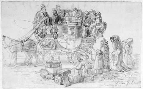 A West Country Mail Coach leaving Piccadilly, 1829 (pencil on paper)
