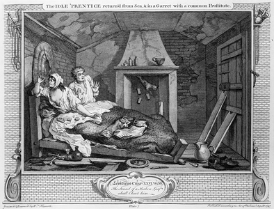 The Idle 'Prentice Returned from Sea, and in a Garret with a common Prostitute', plate VII of 'Industry and Idleness', 1747 (engraving)