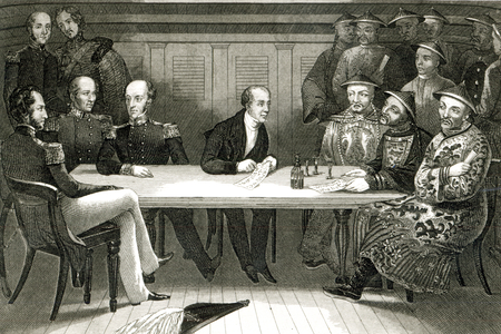 A conference at Chusan between Commodore Bremer and Chang, a Chinese official, on board the HMS Wellesley, 4th July 1841 (engraving)