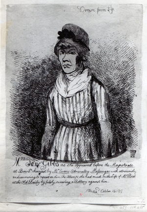 Mrs. Jane Gibbs as she appeared before the Magistrate, 1799 (engraving)