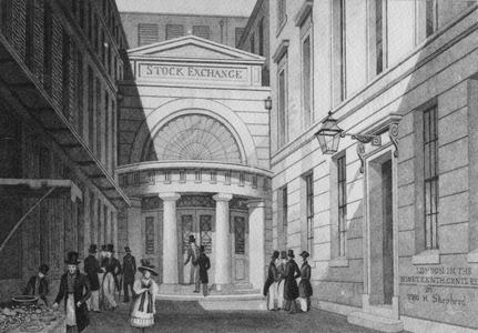 Stock Exchange, London, from 'Metropolitan Improvements; or London in the nineteenth century', c.1828 (engraving)
