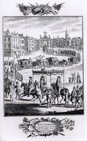 King Charles II (1630-85): Triumphal Entry into the City of London at his Restoration, May 1660 (engraving)