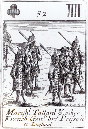 Marshal Tallard and other French Generals Brought Prisoners to England, four of clubs playing card from a set commemorating the War of the Spanish Succession (1702-13) (engraving)