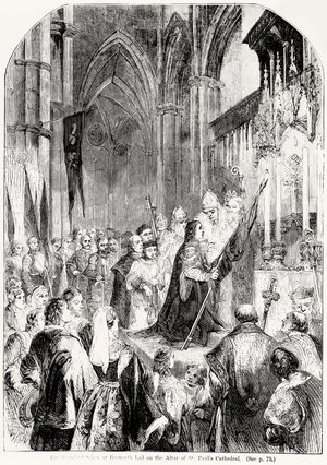 The Standard taken at Bosworth laid on the Altar of St. Paul's Cathedral in 1486 (engraving)