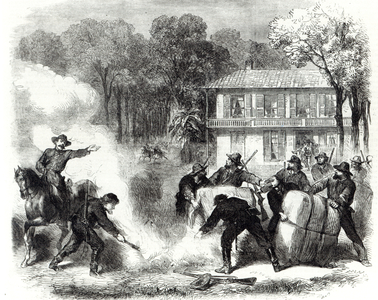 Confederate cotton burners near Memphis surprised by Federal scouts during the American Civil War, 1862 (engraving)