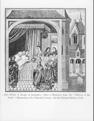 Death of Joseph of Arimathea, from the History of Saint Graal, illustration from 'Science and Literature in the Middle Ages and the Renaissance', written and engraved by Paul Lacroix, 1878 (engraving)