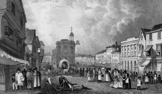 High Street, Maidstone, A Market Day, engraved by S. Lacey, published 1832 (engraving)