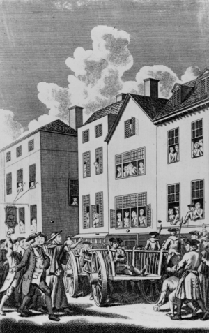 Jonathan Wild pelted by the mob on his way to the place of execution, from the 'Tyburn Chronicle' (engraving)