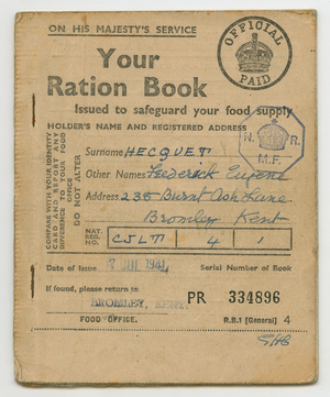 Ration Book for Frederick Hecquet, Bromley, Kent, 1941 (print)