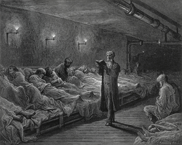 Scripture Reader in a Night Refuge, from 'London, a Pilgrimage', written by William Blanchard Jerrold (1826-84), engraved by Stephane Pannemaker (1847-1930) and A. Doms, pub. 1872 (engraving)