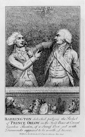 Barrington Detected Picking the Pocket of Prince Orlow in the Front Boxes at Covent Garden Theatre, of a Snuff Box Set with Diamonds Supposed to be Worth 30,000 Pounds, pub. in 1790 (engraving)