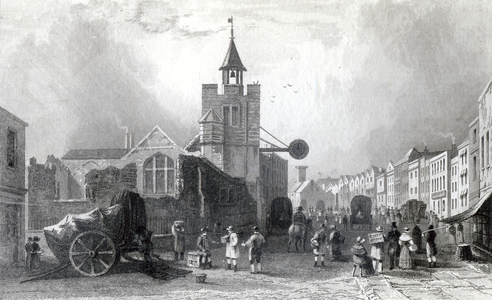 High St. with the Church of St. Nicholas, Colchester, Essex, engraved by Charles Mottram, 1831 (engraving)