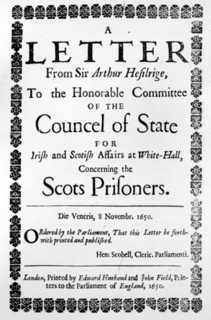 Title Page for 'A Letter from Sir Arthur Hesilrige Concerning the Scots Prisoners', by Sir Arthur Hesilrige, published 1650 (printed paper)