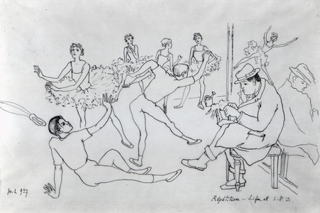 Serge Diaghilev at the Ballets Russes rehearsals, c.1924 (pen & ink on paper)