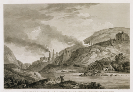 An Iron Work for Casting of Cannon and a Boreing Mill taken from the Madeley side of the River Severn, Shropshire, engraved by Wilson Lowry (1762-1824) 1788 (engraving)