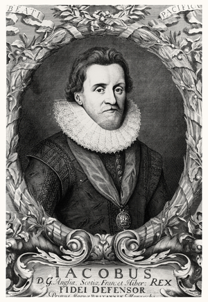Portrait of James I, King of Great Britain, engraved by R.White, 1669 (engraving)
