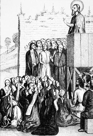 Preaching of an Apostle of Christianity, illustration from 'Science and Literature in the Middle Ages and the Renaissance', written and engraved by Paul Lacroix, 1878 (engraving)