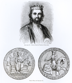 Edward II (1284-1327) drawn from the Tomb at Gloucester, and the Great Seal (engraving)
