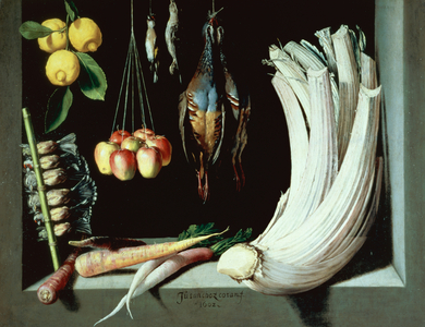 Still life with dead birds, fruit and vegetables, 1602 (oil on canvas)