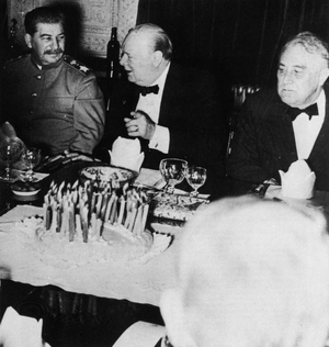 Josef Stalin (1879-1953) Franklin D.Roosevelt (1882-1945) and Winston Churchill (1874-1965) in Tehran, 11th December 1943 (b/w photo)