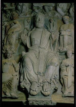 Detail of the Portico de la Gloria depicting Christ in Majesty (stone)