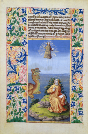 Ms Lat. Q.v.I.126 f.96v St. John the Evangelist on the Island of Patmos, from the 'Book of Hours of Louis d'Orleans', 1469 (vellum)