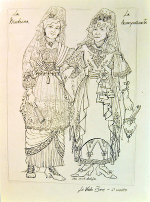 The Godmother and her Companion, characters from the opera 'La vida breve' by Manuel de Falla (1876-1946) performed at the Teatro Real in Madrid in 1997 (ink & pencil on paper)