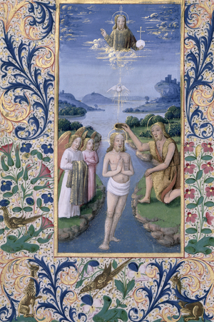Ms Lat. Q.v.I.126 f.88v Baptism of Christ, from the 'Book of Hours of Louis d'Orleans', 1469 (vellum)