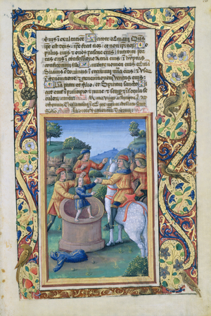 Ms Lat. Q.v.I.126 fol.20 Joseph being retrieved from the well and sold to the Ishmaelites, from the 'Book of Hours of Louis d'Orleans', 1490 (vellum)
