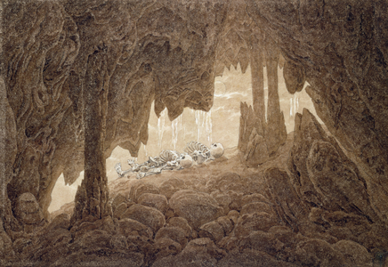 Skeleton in the cave (sepia ink and pencil on paper)