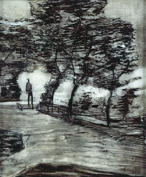 Park path, with tall man and dog, 1907 (no 21) (reverse glass painting)