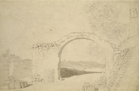 River Landscape with an Arch (unfinished) (pencil, pen and w/c on paper)