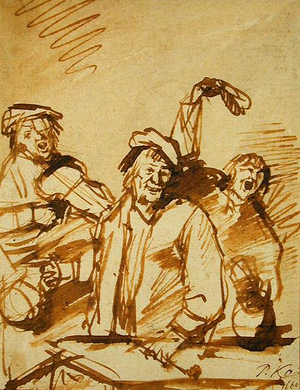 Three Cheerful Young Men, 1660 (pen and brown ink on paper)