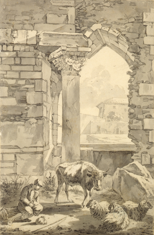 Shepherd with a cow and sheep in a ruin, 1693 (pen and grey ink and pencil on paper)